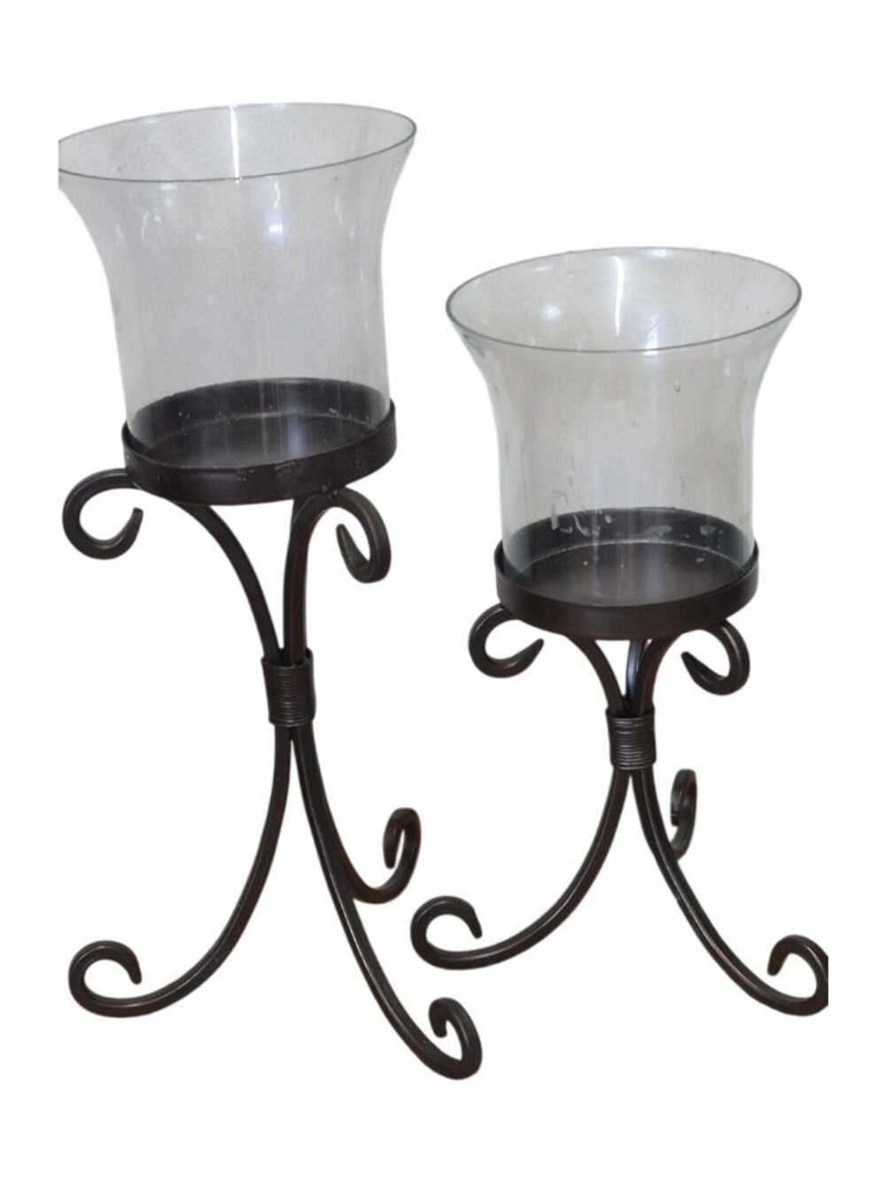 Cabernet Glass & Metal Scroll Pillar Candle Holders Elegant Rustic Design Set 2